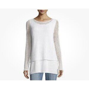 Eileen Fisher 100% Organic Linen Knit Tunic Top Women L White Mesh Overlay Luxur